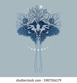 Dark blue butterfly with flowers. Vector illustration