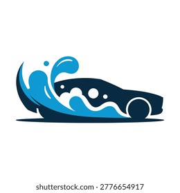 Dark blue car with wave design on side moving fast on water splashing modern vehicle