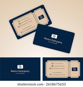 Dark blue card with ticket layout
