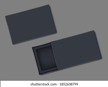 Dark blue cardboard box with lid - open and closed. Top view. Empty inside. Vector template. Paper packaging box, mockup.