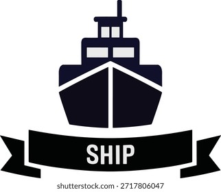 Navio de carga azul escuro com texto branco sobre o transporte de navios de fita preta.