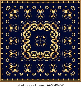 Dark blue carpet with gold pattern. Bandanna ornament. Stylish design.