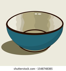 Dark blue ceramic bowl with highlights and shadows, color vector illustration in vintage style