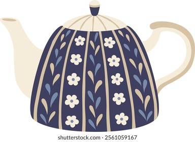 Dark blue ceramic teapot featuring a charming floral pattern, complemented by a beige spout and handle, creating an inviting atmosphere for cozy teatime moments