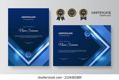 Plantilla de borde de certificado de logro azul oscuro con placa de lujo y patrón de línea moderno, decoración de semitono, elemento brillante. Para las necesidades de premios, negocios y educación