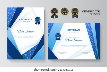 Dark blue certificate of achievement border template with luxury badge and modern line pattern, halftone decoration, shiny element. For award, business, and education needs