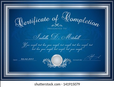 Dark blue Certificate / Diploma of completion (design template / sample background) with floral pattern (watermarks), border. Useful for: Certificate of Achievement, Certificate of education, awards