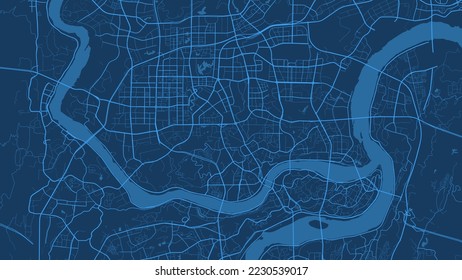 Dark blue Chongqing city area vector background map, roads and water illustration. Widescreen proportion, digital flat design roadmap.