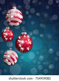 Dark blue Christmas background bokeh with hung red baubles. Vector illustration.