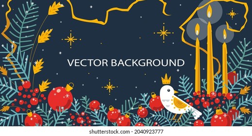 Dark blue christmas background with candles and bird in vintage colors. Perfect as greeting card or festive advertisment template.