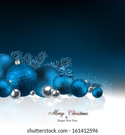 Dark blue christmas background with fir twigs and balls. Vector illustration. 