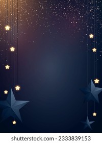 Dark blue Christmas background with gold glitter particles and glowing star shape light bulbs. Vector illustration.