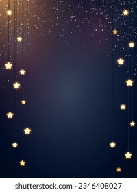 Dark blue Christmas background with gold glitter particles and glowing star shape light bulbs. Vector illustration.