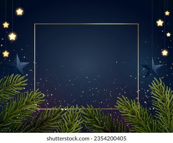 Dark blue Christmas background with gold glitter particles and glowing star shape light bulbs. Festive vector illustration.