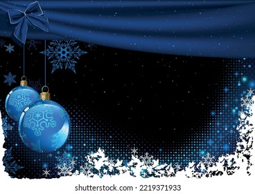Dark Blue Christmas Background with Hanging Christmas Decorations and Abstract Halftone Pixel Effect - Colorful Modern Illustration, Vector