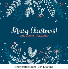 Dark Blue Christmas Background With Plants