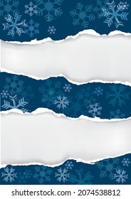 
Dark Blue christmas background with torn paper.
 Illustration of ripped paper with snow flakes. Place for your text or image. Vector available.