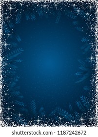 Dark blue christmas background with  white frame of snow,  vector illustration