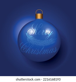 Dark blue Christmas ball with ribbon and a bow on blue background. Vector illustration, no raster. Christmas decoration