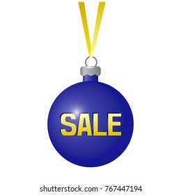 Dark blue Christmas ball with yellow ribbon and inscription SALE. Vector illustration