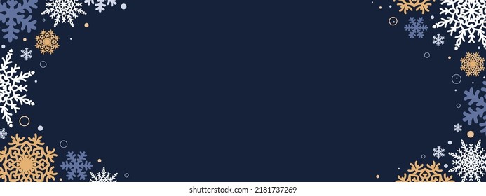 Dark Blue Christmas banner background with gold and white snowflakes