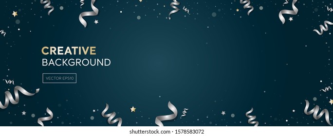 Dark blue Christmas and New year festive banner background with curling ribbons at  border and copy space in the middle