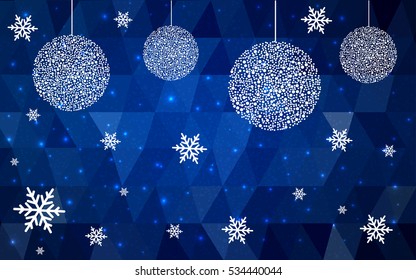 DARK BLUE christmas postcard low polygon background. Vector illustration consisting of triangles. Abstract triangular polygonal origami or crystal design of New Year celebration.
