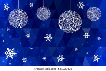 DARK BLUE christmas postcard low polygon background. Vector illustration consisting of triangles. Abstract triangular polygonal origami or crystal design of New Year celebration.