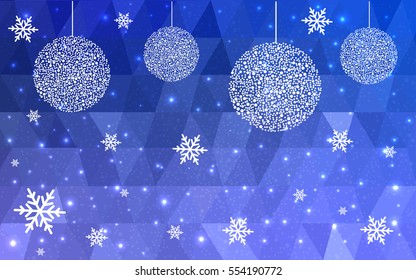 Dark Blue christmas postcard low polygon background. Vector illustration consisting of triangles. Abstract triangular polygonal origami or crystal design of New Year celebration.