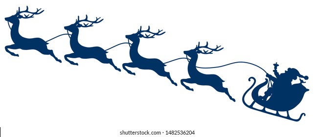 Dark Blue Christmas Sleigh Santa And Four Flying Reindeers