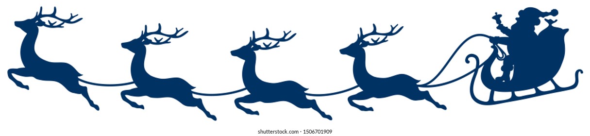 Dark Blue Christmas Sleigh Santa And Four Flying Reindeers Bent