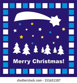 Dark blue Christmas vector card with Merry Christmas wishes. Classic invitation on dark navy blue background with white and golden yellow stars, trees and star of Bethlehem