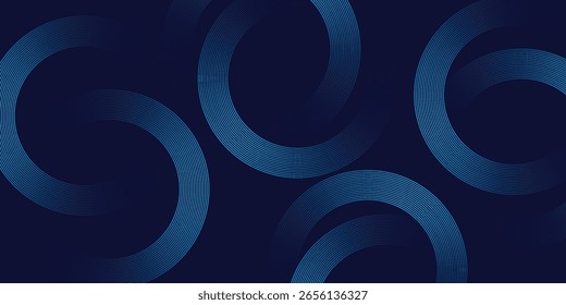 Dunkelblauer Kreislinie, abstrakter Hintergrund. Glänzend blaue Kreisgeometrielinien mit zukünftigem Technologiekonzept. Vektorgrafik