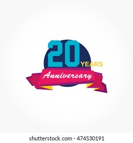 dark blue circle and purple ribbon bellow with blue number for twentieth anniversary logo vector