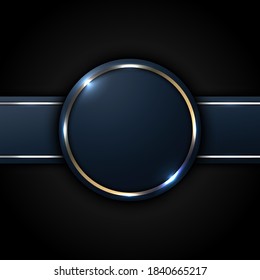 Dark blue circle and stripe label with golden line decoration on black background luxury style. Vector illustration