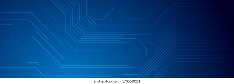 Dark blue circuit board chip lines tech background. Technology vector banner design