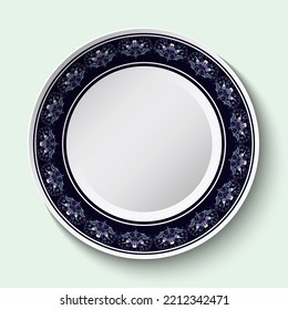 Decoración circular azul oscuro con flores al borde de un plato de cerámica blanca. Pintura de cobalto étnica estilizada sobre porcelana. Ilustración del vector