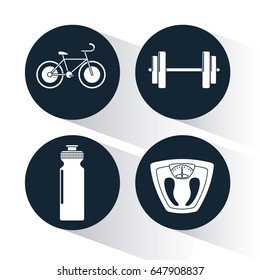 dark blue circular frame with silhouette set of elements cardio exercises