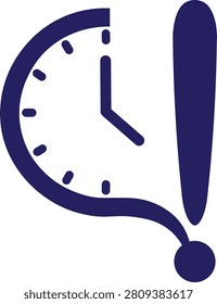 Dark blue of a clock integrated into an exclamation mark symbol on a white background time
