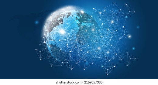 Dark Blue Cloud Computing and Networks Concept with Earth Globe - Abstract Global Digital Connections, Technology Background, Creative Design Template