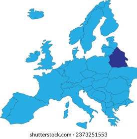 Dark blue CMYK national map of BELARUS inside simplified blue blank political map of European continent on transparent background using Peters projection