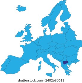 Dark blue CMYK national map of NORTH MACEDONIA inside simplified blue blank political map of European continent on transparent background using Peters projection