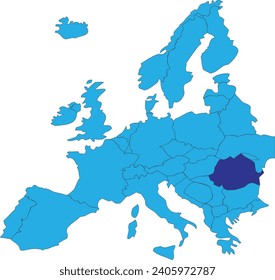 Mapa nacional azul oscuro CMYK de ROMANIA dentro del mapa político en blanco simplificado del continente europeo sobre fondo transparente usando proyección de Peters
