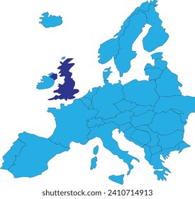 Dark blue CMYK national map of UNITED KINGDOM inside simplified blue blank political map of European continent on transparent background using Peters projection
