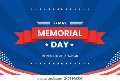 dark blue color background greeting card template memorial day banner. with vector illustration of American flag and striped pattern