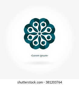 Dark blue color. Beautiful circular logo for boutique, flower shop, business, interior. Company mark, emblem, element. Simple geometric mandala logotype. Kaleidoscope bud. Surround abstract blossom.