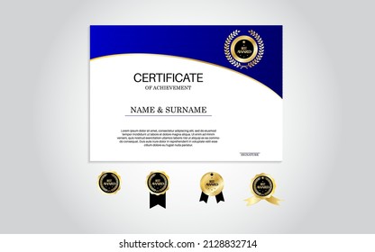 dark blue color Certificate Award Design Template. Clean modern certificate with gold badge. Certificate border template with modern luxury line pattern. Diploma Certificate vector template.