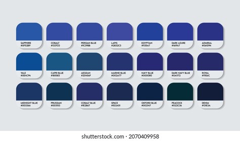 Dark Blue Color Code Guide Palette with Color Names. Catalog Samples Blue with RGB HEX codes. Dark Blue Colors Palette Vector, Wood and Plastic Dark Blue Color Palette, Fashion Trend Color icons