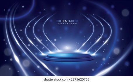 dark blue color geometric digital luxury background design template with glittering blue and white light lines. use for award backdrop and presentation banner.