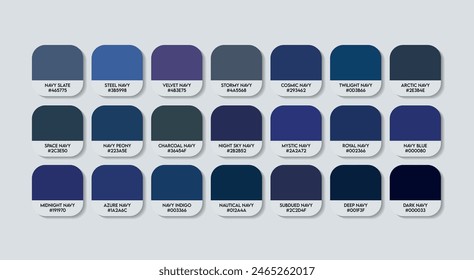 Dark Blue Color Guide Palette with Color Names. Catalog Samples Dark Blue with RGB HEX codes and Names. Dark Blue Colors Palette Vector, Wood and Plastic sea Color Palette, Fashion Blue Color Palette